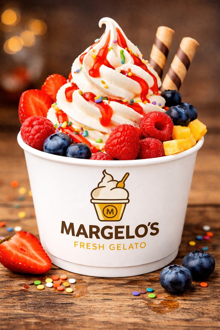 Margelo's Fresh Gelato Becher mit Beeren, Streuseln und Waffelröllchen